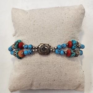 Southwestern Blue Red Stone Silver Tone Bead Bracelet Vintage Jewelry Artisan